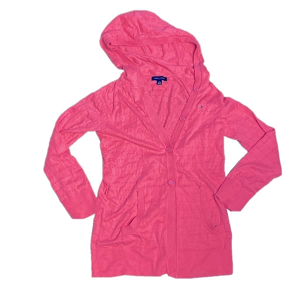 🌷 Tommy Hilfiger 🌷 Pink Hollow Knit Button Up Hoodie Sweater w/ Pockets